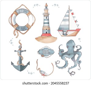 Vector marine set. Stickers, bookmarks. Anchor, lighthouse, wind rose, bell, shark, flag, a boat and octopus. Suitable for decorating books, postcards, children's parties, fabrics, wallpapers.