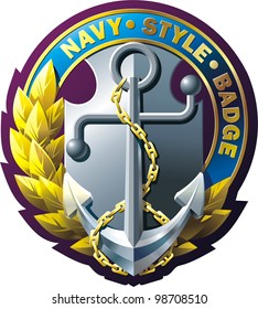 Vector  marine style emblem with anchor, chain, laurel wreath and ribbon