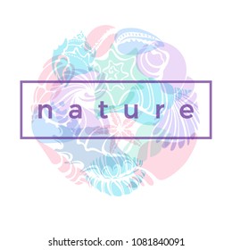 Vector marine symbol in circle. Template of seashell, horse, seashell, urchin, starfish. Collection of nature shapes. Travel print, logo of underwater world, summer life Simple nude color illustration