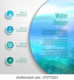 Vector marine template with infographic elements. Blurred sea background with icons, buttons