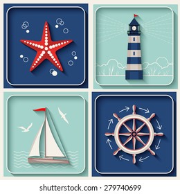 Vector marine theme icons. Nautical travel symbol flat and shadow design set