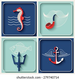 Vector marine theme icons. Nautical travel symbol flat and shadow design set