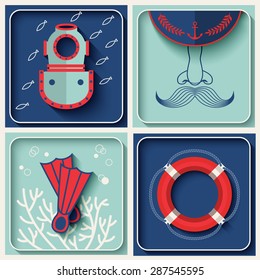 Vector marine theme icons. Nautical travel symbol flat and shadow design set