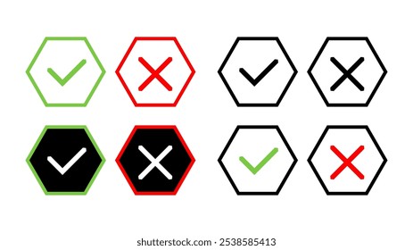 Vector mark icon button set. Right and wrong buttons. Accept or decline buttons. Minimalistic symbols.