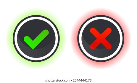 Conjunto de botões de ícone de marca de vetor. Botões certos e errados. conceito de estilo 3d.  Botões Aceitar ou recusar. Símbolos minimalistas.
