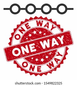 Vector marked line icon and grunge round stamp seal with One Way text. Flat marked line icon is isolated on a white background. One Way stamp seal uses red color and dirty texture.