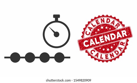 Vector marked time line icon and grunge round stamp seal with Calendar phrase. Flat marked time line icon is isolated on a white background. Calendar seal uses red color and grunge texture.