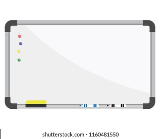 Vector marker board. White board with colored markers and eraser. Vector illustration.