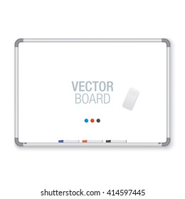 Vector marker board. White magnetic board with colorful markers and eraser, isolated on background. Realistic illustration.