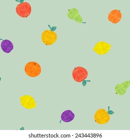 Vector marker drawn fruit seamless pattern with apple, orange, lemon, plum, pear and apricot on mint background