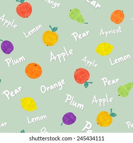Vector marker drawn fruit seamless pattern with apple, orange, lemon, plum, pear and apricot on mint background and cute font names