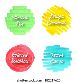 Vector marker ink design elements. Hand drawn abstract colorful round shapes set.