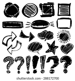 Vector marker line set: circle, square, stroke, arrows, etc. Hand drawn black grunge marker elements on white background for your design. Change color in one click.