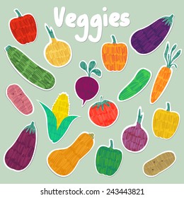 Vector marker pen drawn vegetable sticker set with red, green, yellow and orange bell pepper, onion, eggplant, zucchini, butternut, tomato, potato, beet, carrot, corn and cucumber, easy edit color