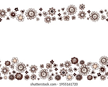Vector marker simple frame made up of various brown-white flowers, in sketch style. Geometrical illustration for graphic design, invitations, cards, greetings, isolated on white background.