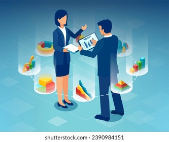 Vector of a market analysts, man and woman review financial reports and market data
