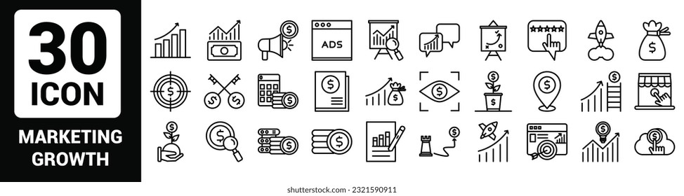 Conjunto de iconos de línea de esquema de crecimiento del mercado de vectores