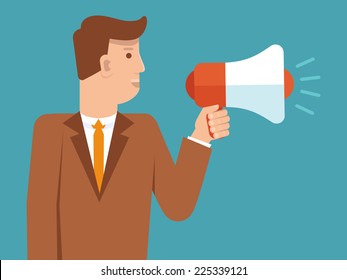 Vector marketing and advertising concept in flat style - businessman holding loudspeaker
