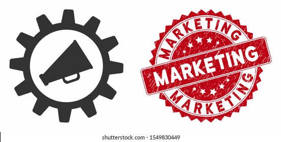 Vector marketing automation icon and rubber round stamp seal with Marketing caption. Flat marketing automation icon is isolated on a white background. Marketing seal uses red color and rubber design.