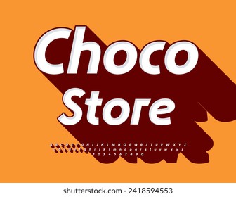 Banner de marketing de vectores Choco Store. Letras y números alfabetos con sombra marrón. Fuente moderna y blanca.