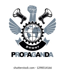 Vector marketing banner composed with loudspeakers, raised clenched fist, Earth planet and industry gear. Civil war abstract illustration, no limits concept. Power of social message.