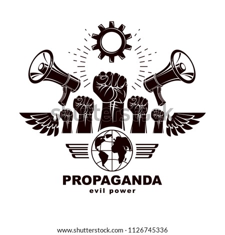 Vector marketing banner composed with loudspeakers, raised clenched fists, Earth planet and industry gear. Civil war abstract illustration, no limits concept. Power of social message.