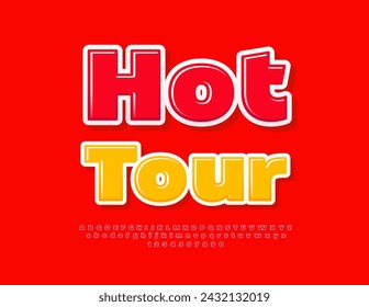Vector marketing Banner Hot Tour. Bright Red Font. Modern Glossy Alphabet Letters and Numbers set.