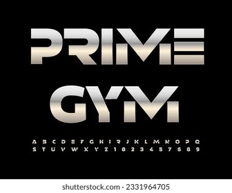Vector marketing banner Prime Gym. Abstract style Font. Silver set of Alphabet Letters and Numbers