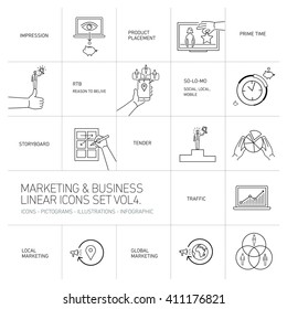 vector marketing and business icons set volume four | flat design linear illustration and infographic black isolated on white background