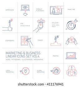 vector marketing and business icons set volume four | flat design linear illustration and infographic blue and red isolated on white background