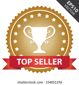 Vector : Marketing Campaign, Promotion or Business Concept Present By Golden Glossy Badge With Red Top Seller Ribbon and Trophy Sign With Little Star Around Isolated on White Background 