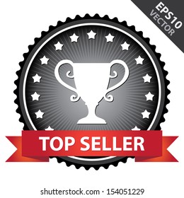 Vector : Marketing Campaign, Promotion or Business Concept Present By Black Glossy Badge With Red Top Seller Ribbon and Trophy Sign With Little Star Around Isolated on White Background 