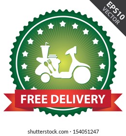 Vector : Marketing Campaign, Promotion or Business Concept Present By Green Glossy Badge With Red Free Delivery Ribbon and Food Delivery Sign With Little Star Around Isolated on White Background 