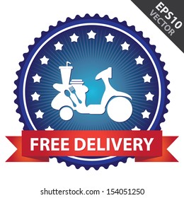 Vector : Marketing Campaign, Promotion or Business Concept Present By Blue Glossy Badge With Red Free Delivery Ribbon and Food Delivery Sign With Little Star Around Isolated on White Background 