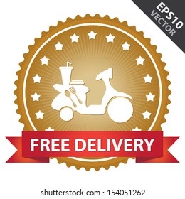Vector : Marketing Campaign, Promotion or Business Concept Present By Golden Glossy Badge With Red Free Delivery Ribbon and Food Delivery Sign With Little Star Around Isolated on White Background 
