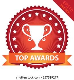 Vector : Marketing Campaign, Promotion or Business Concept Present By Red Glossy Badge With Orange Top Awards Ribbon and Trophy Sign With Little Star Around Isolated on White Background 