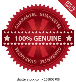 Vector : Marketing Campaign, Promotion or Business Concept Present By Red Glossy Badge With 100 Percent Genuine Label With Guarantee Text Around Isolated on White Background 