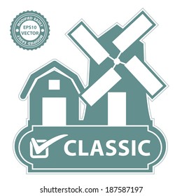 Vector : Marketing Campaign, Promotion or Business Concept Present By Blue Vintage Style Farm, Barn, Windmill and Check Mark Sign With Classic Label Isolated on White Background 