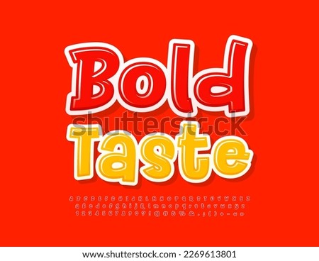 Vector marketing emblem Bold Taste. Bright handwritten Font. Red creative Alphabet Letters, Numbers and Symbols set