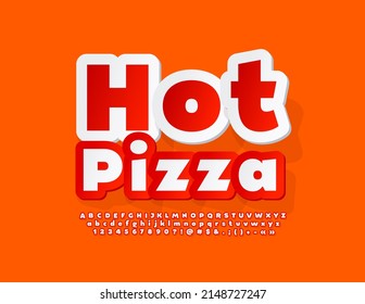 Emblema de mercadotecnia vectorial Hot Pizza. Tipo de letra pegatina rojo y blanco. Juego de letras, números y símbolos de alfabeto de papel