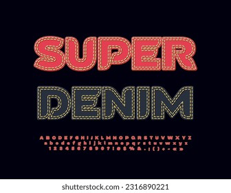 Vector marketing emblem Super Denim. Red textile Font. Jeans material Alphabet Letters, Numbers and Symbols set