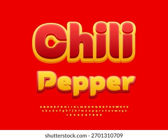 Folleto de marketing de Vector Chili Pepper. Amarillo brillante y fuente roja. Conjunto de letras y números del alfabeto artístico