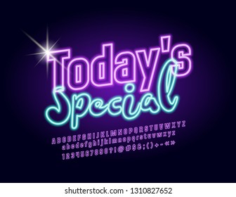 Vector  Marketing glowing label Today's Special with stylish Font. Violet neon Alphabet Letter, Numbers and Symbols