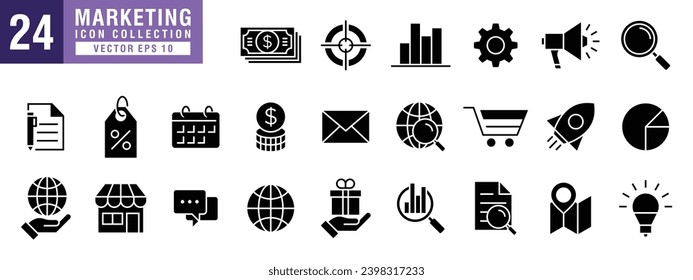 Vector del conjunto de iconos de marketing, contenido, medios sociales, venta, compra, promoción, sitio web, vector EPS 10.