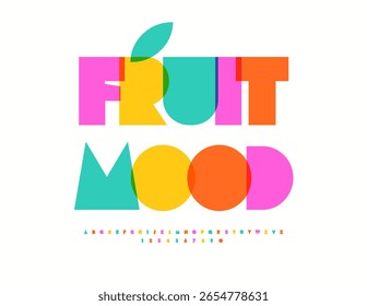 Vektor Marketing Label Fruit Mood. Helle farbige Schrift. Große geometrische Alphabet Buchstaben und Zahlen gesetzt.