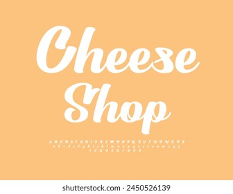 Vector marketing logo Cheese Shop with white cursive Font. Elegant Alphabet Letters and Numbers set.