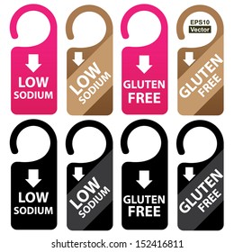 Vector : Marketing Materials For Healthy Food or Dietary Concept Present By Pink, Brown and Black Low Sodium and Gluten Free Tag Isolated on White Background 