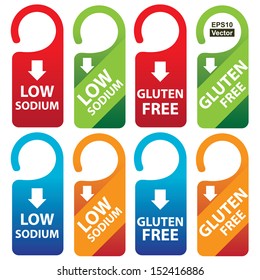 Vector : Marketing Materials For Healthy Food or Dietary Concept Present By Red, Green, Blue and Orange Low Sodium and Gluten Free Tag Isolated on White Background 