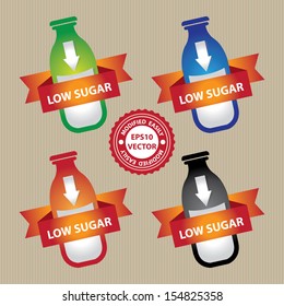 Vector : Marketing Materials For Healthy Food or Dietary Concept Present By Colorful Bottle of Milk With Down Arrow Sign and Low Sugar Ribbon in Brown Background