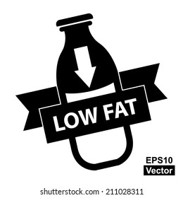 Vector : Marketing Materials For Healthy Food or Dietary Concept Present By Black and White Bottle of Milk With Down Arrow Sign and Low Fat Ribbon Isolated on White Background 